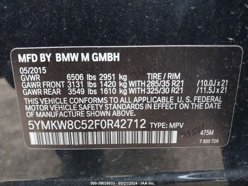 VIN 5YMKW8C52F0R42712 2015 BMW X6, X6 M no.9