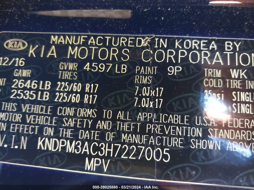 2017 KIA SPORTAGE LX - KNDPM3AC3H7227005