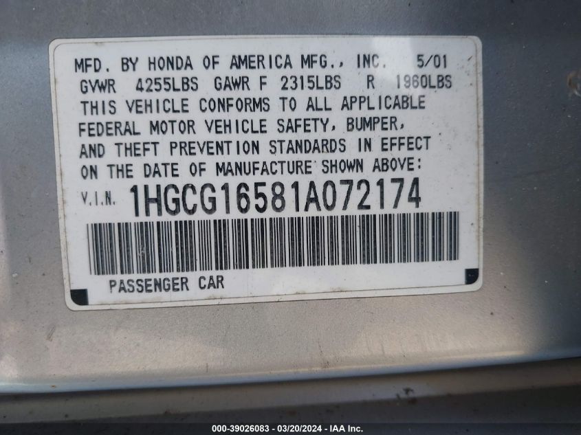 1HGCG16581A072174 | 2001 HONDA ACCORD