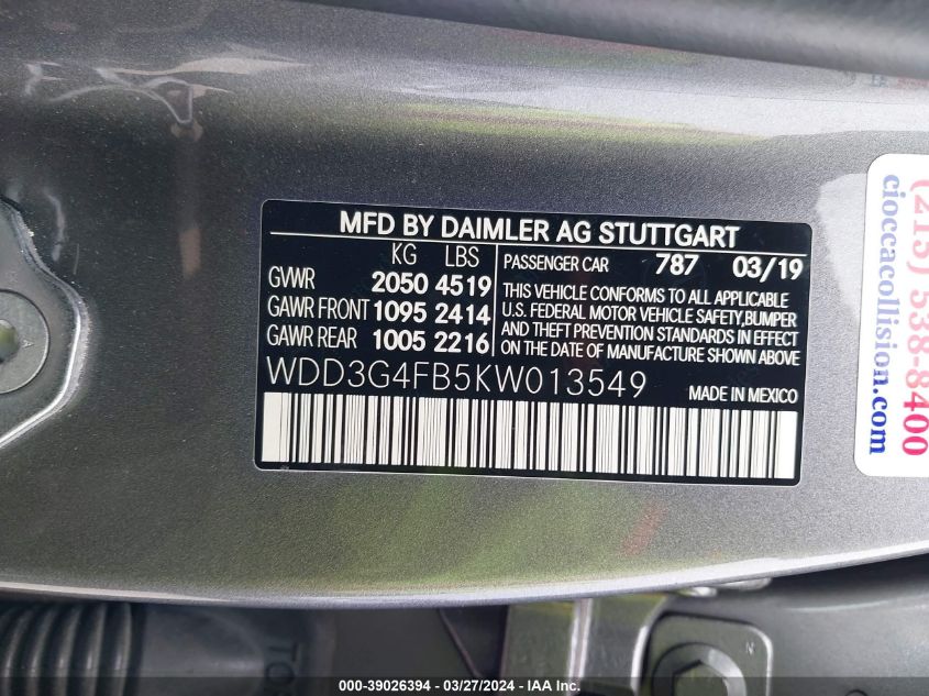 WDD3G4FB5KW013549 2019 Mercedes-Benz A 220 4Matic