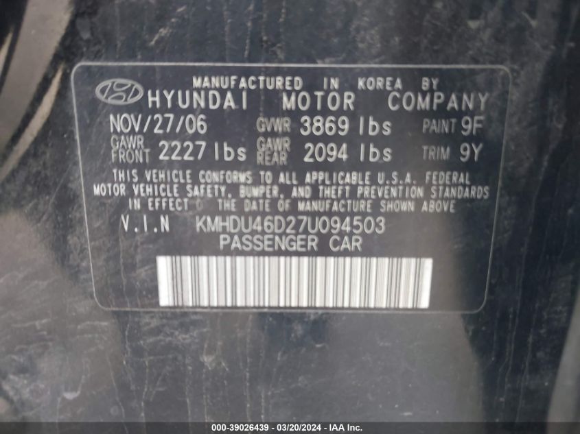 KMHDU46D27U094503 | 2007 HYUNDAI ELANTRA