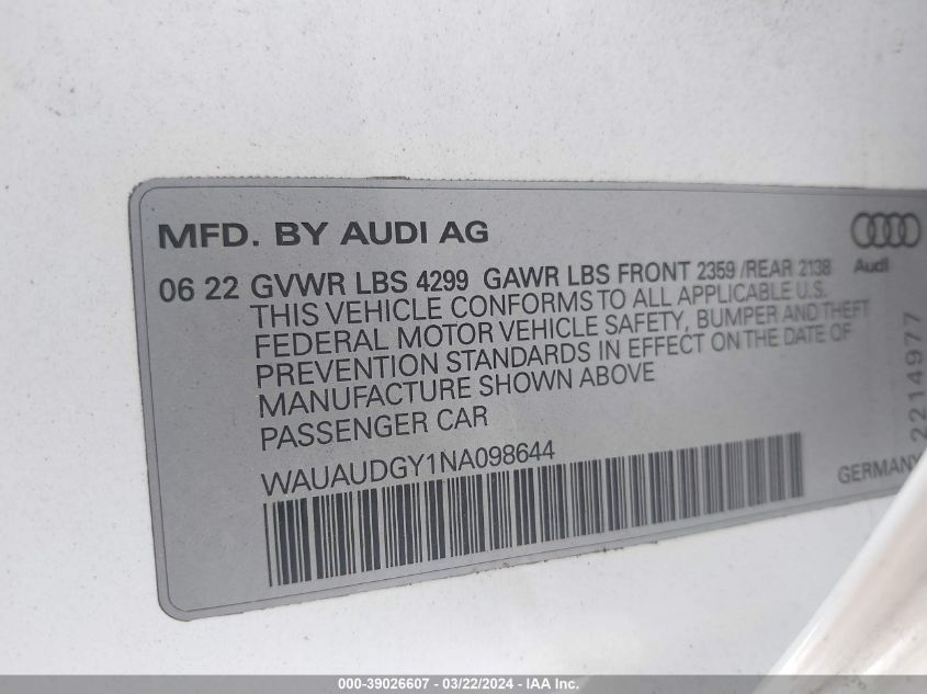 2022 Audi A3 Premium 40 Tfsi Front-Wheel Drive S Tronic VIN: WAUAUDGY1NA098644 Lot: 39026607