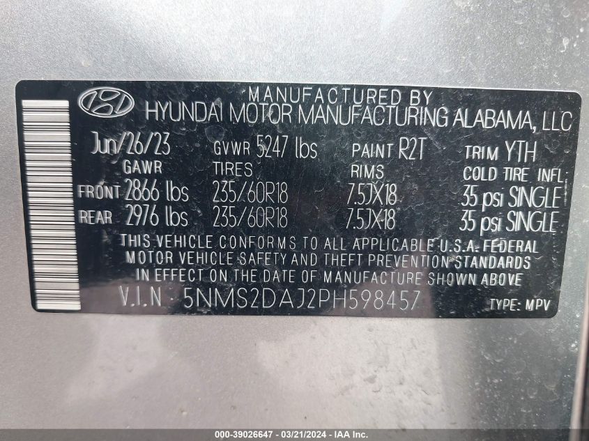 2023 Hyundai Santa Fe Sel VIN: 5NMS2DAJ2PH598457 Lot: 39026647