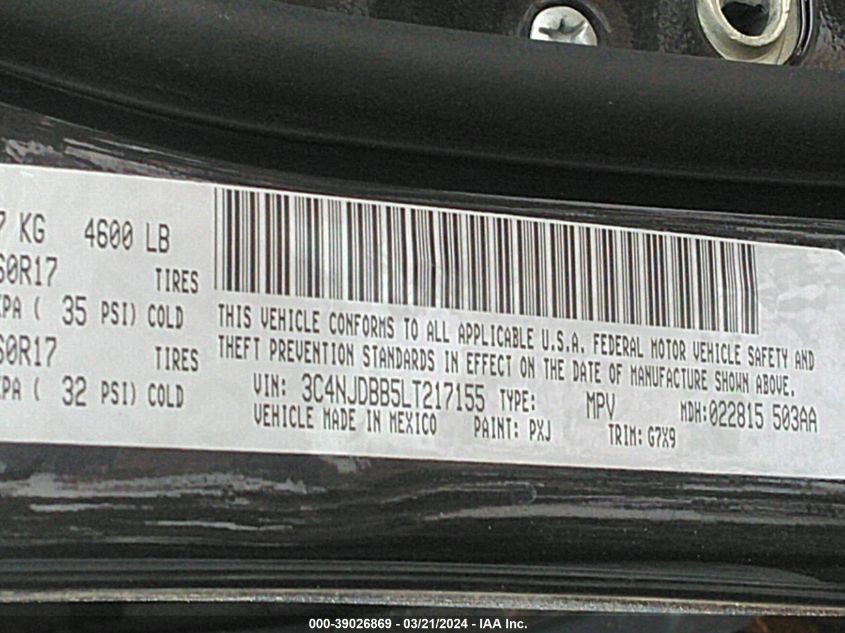 2020 Jeep Compass Latitude 4X4 VIN: 3C4NJDBB5LT217155 Lot: 39587033