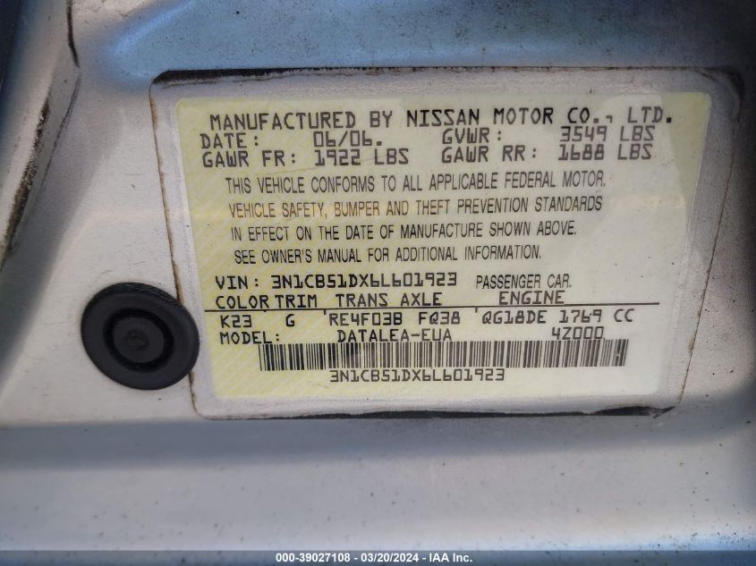 3N1CB51DX6L601923 | 2006 NISSAN SENTRA