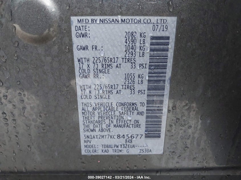 VIN 5N1AT2MT7KC845677 2019 NISSAN ROGUE S/SL/SV