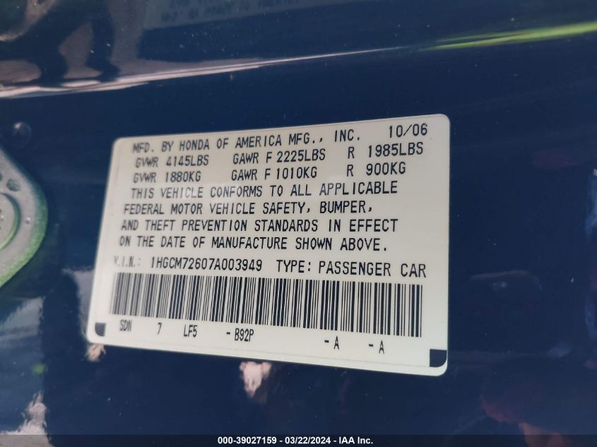 1HGCM72607A003949 | 2007 HONDA ACCORD