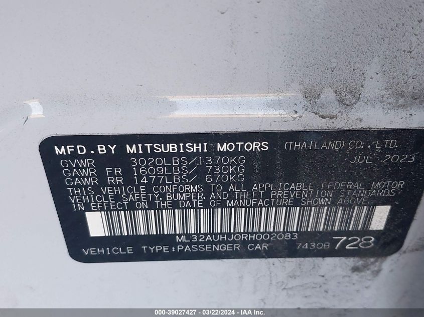 2024 Mitsubishi Mirage Es VIN: ML32AUHJ0RH002083 Lot: 39027427