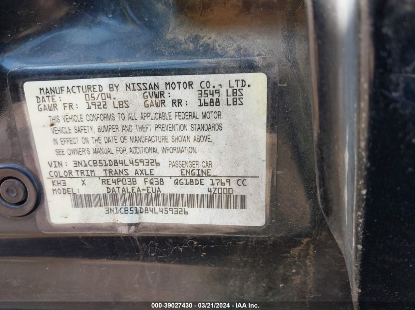 3N1CB51D84L459326 2004 Nissan Sentra 1.8S