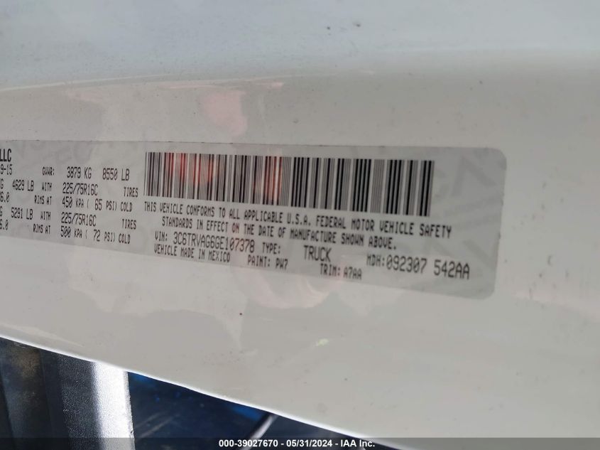 2016 Ram Promaster 1500 Low Roof VIN: 3C6TRVAG6GE107378 Lot: 39027670