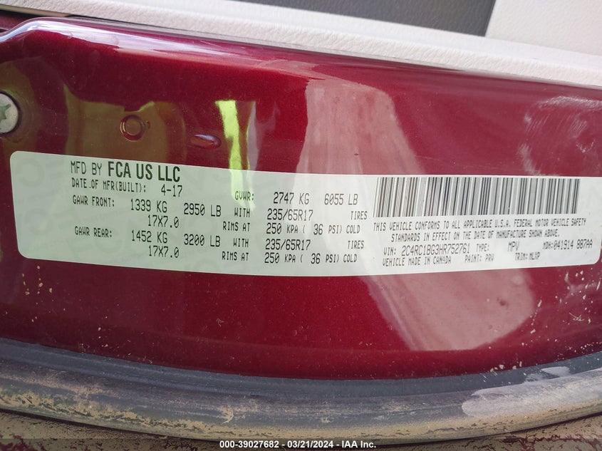 2017 CHRYSLER PACIFICA TOURING-L - 2C4RC1BG3HR752761