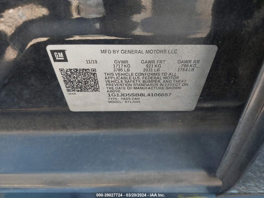 1G1JD5SB8L4106657 | 2020 CHEVROLET SONIC