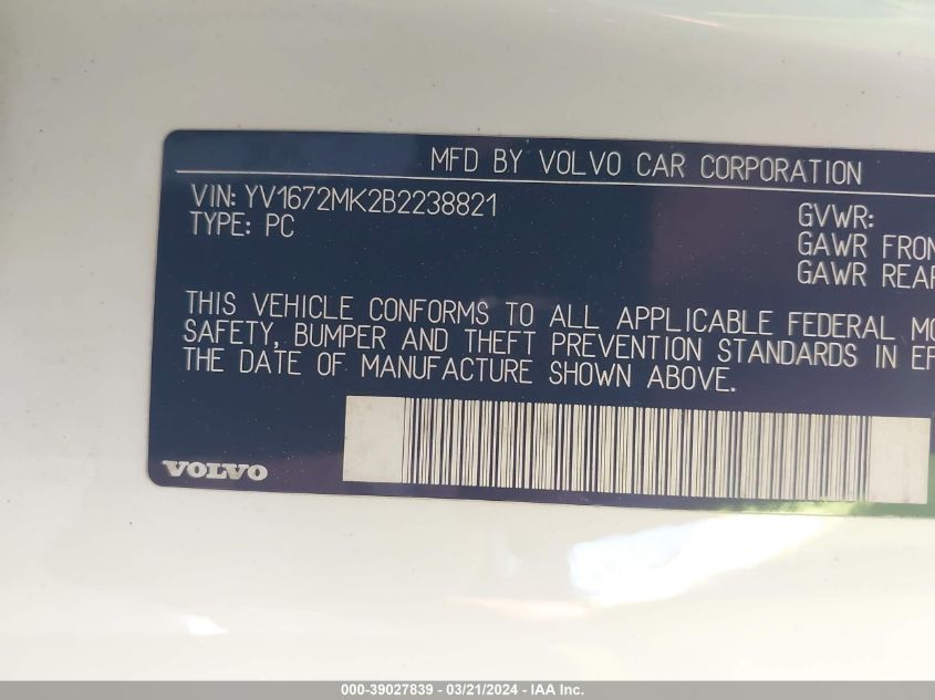 2011 Volvo C30 T5/T5 R-Design VIN: YV1672MK2B2238821 Lot: 39027839