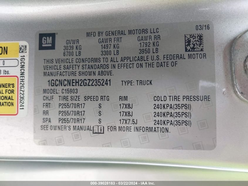 2016 CHEVROLET SILVERADO 1500 C1500/C1500  LS - 1GCNCNEH2GZ235241