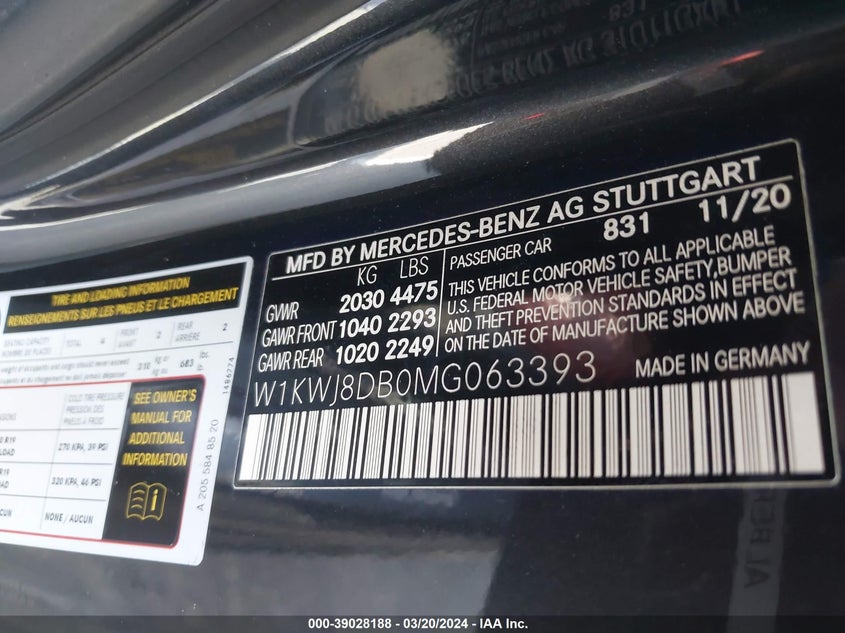 2021 MERCEDES-BENZ C 300 VIN: W1KWJ8DB0MG063393