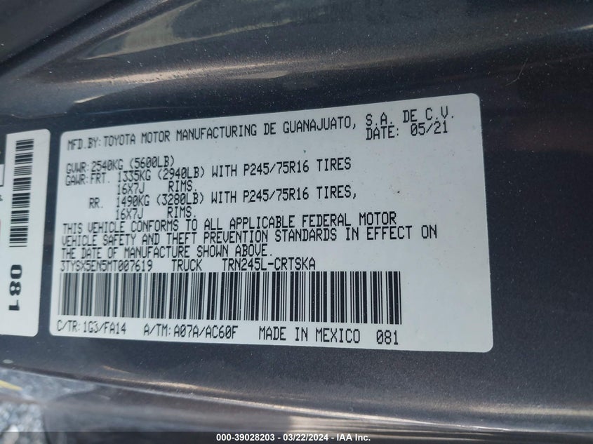 2021 TOYOTA TACOMA SR - 3TYSX5EN5MT007619