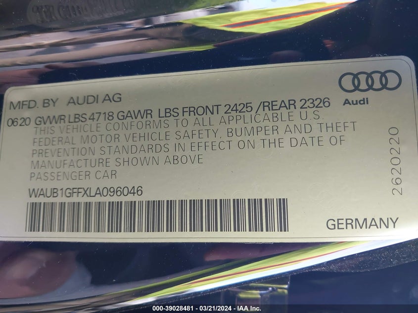 2020 AUDI S3 PREMIUM - WAUB1GFFXLA096046