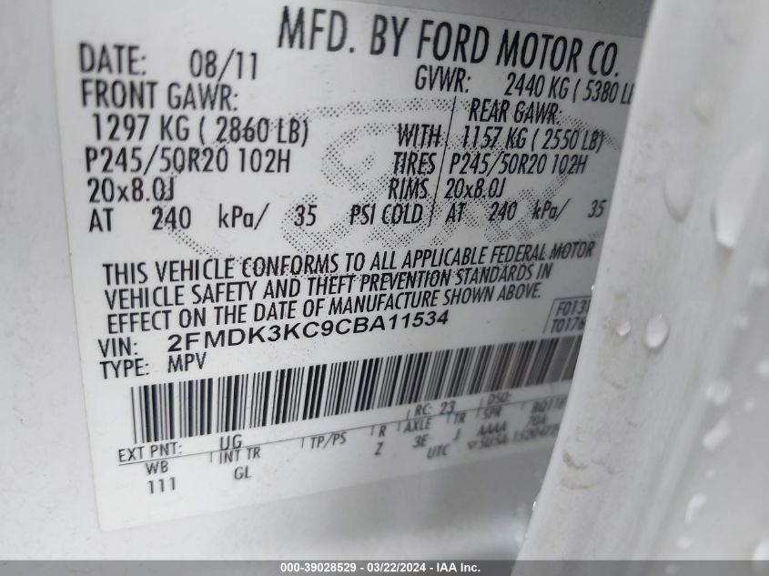 2FMDK3KC9CBA11534 2012 Ford Edge Limited