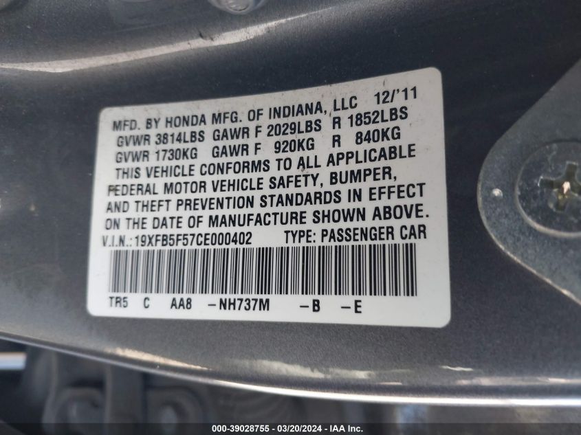 2012 Honda Civic Natural Gas VIN: 19XFB5F57CE000402 Lot: 39028755