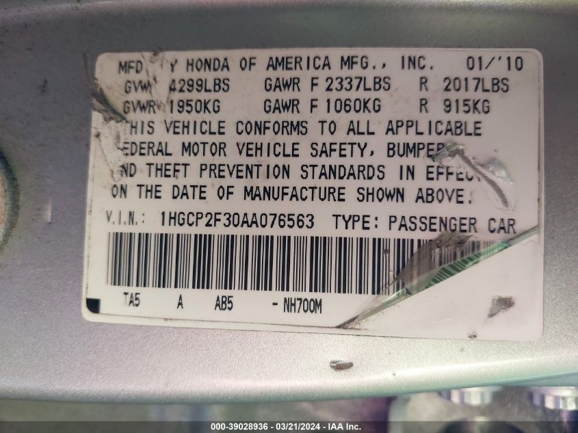 1HGCP2F30AA076563 | 2010 HONDA ACCORD