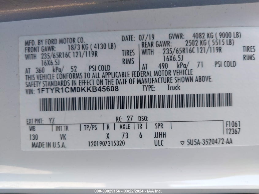 2019 FORD TRANSIT-250 - 1FTYR1CM0KKB45608