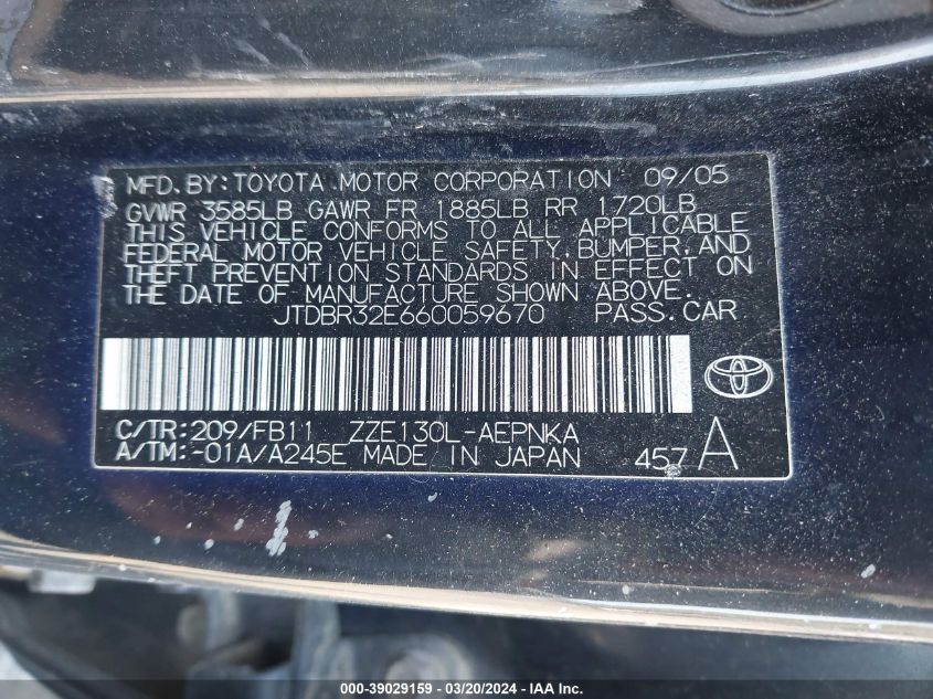 JTDBR32E660059670 | 2006 TOYOTA COROLLA