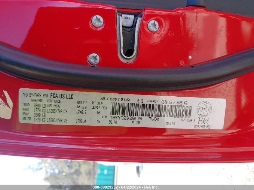 2016 Ram 1500 Rebel VIN: 1C6RR7YT3GS342990 Lot: 39029232