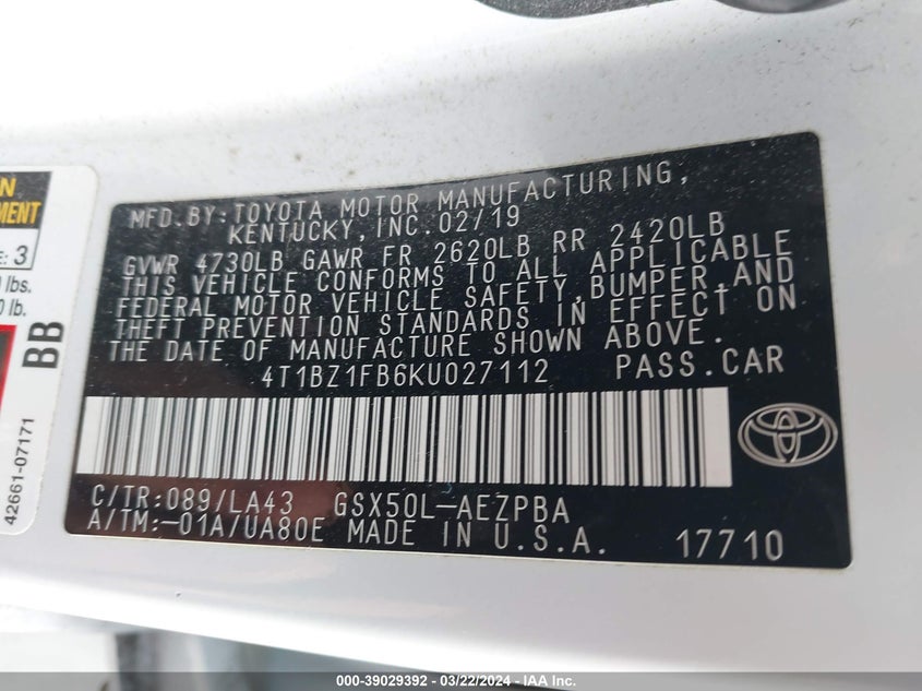 2019 TOYOTA AVALON XLE/XSE/LIMITED/TOURING - 4T1BZ1FB6KU027112