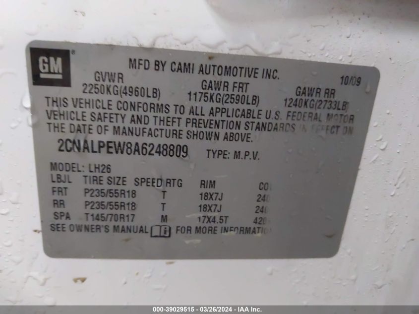 2CNALPEW8A6248809 2010 Chevrolet Equinox Lt