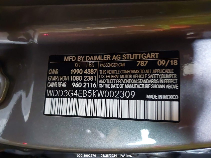 2019 MERCEDES-BENZ A 220 VIN: WDD3G4EB5KW002309