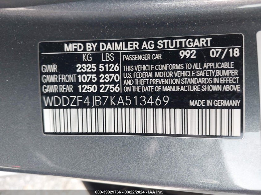 2019 MERCEDES-BENZ E 300 VIN: WDDZF4JB7KA513469