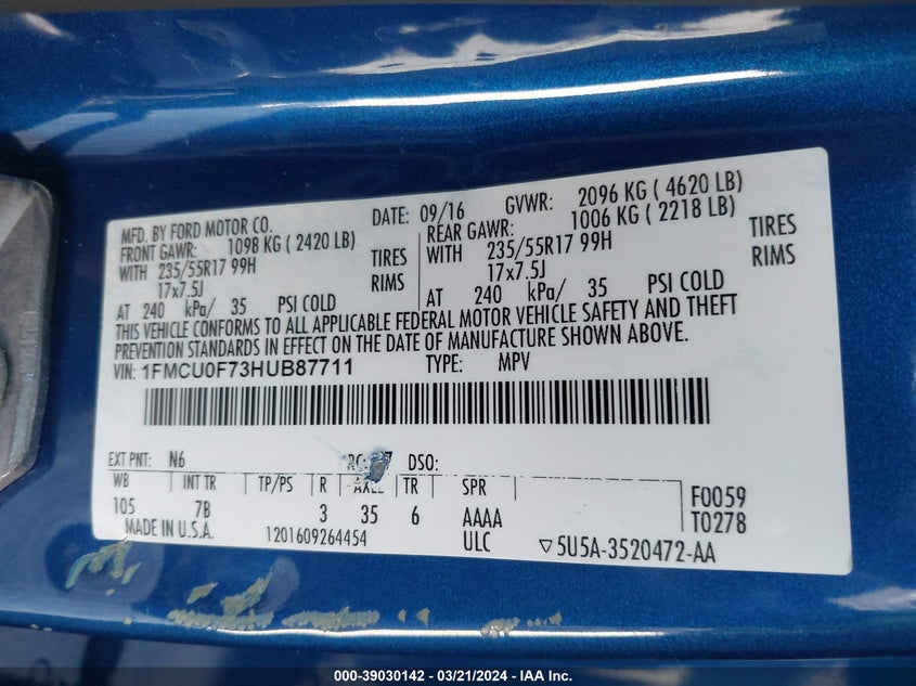 VIN 1FMCU0F73HUB87711 2017 FORD ESCAPE S