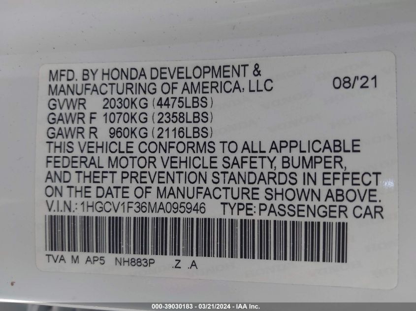 Auction sale of the 2021 HONDA ACCORD , vin: 1HGCV1F36MA095946, lot number: 39030183