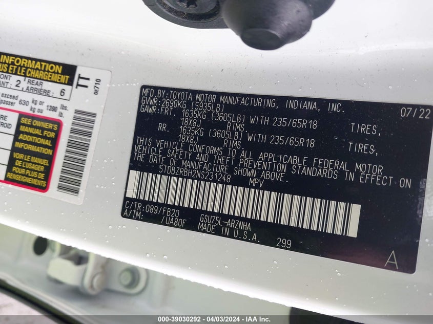 2022 TOYOTA HIGHLANDER VIN: 5TDBZRBH2NS231248