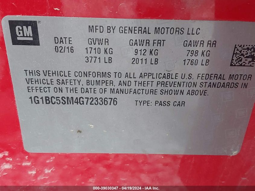 2016 Chevrolet Cruze Ls Auto VIN: 1G1BC5SM4G7233676 Lot: 39030347