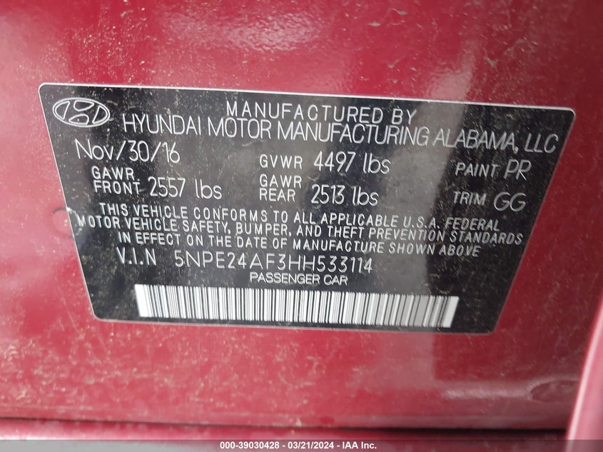 2017 HYUNDAI SONATA - 5NPE24AF3HH533114