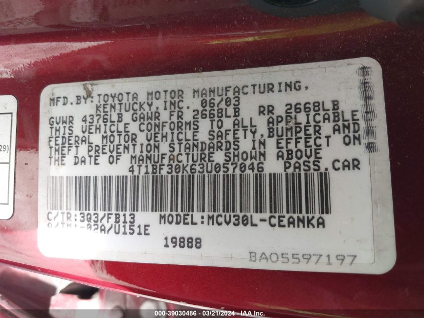 2003 Toyota Camry Le V6 VIN: 4T1BF30K63U057046 Lot: 39030486