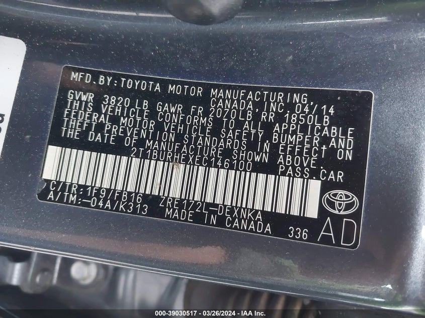 2014 TOYOTA COROLLA L/LE/LE PLS/PRM/S/S PLS - 2T1BURHEXEC146100