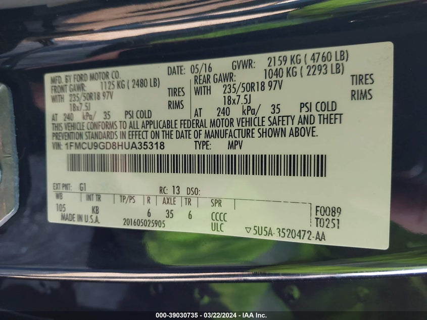 VIN 1FMCU9GD8HUA35318 2017 FORD ESCAPE SE