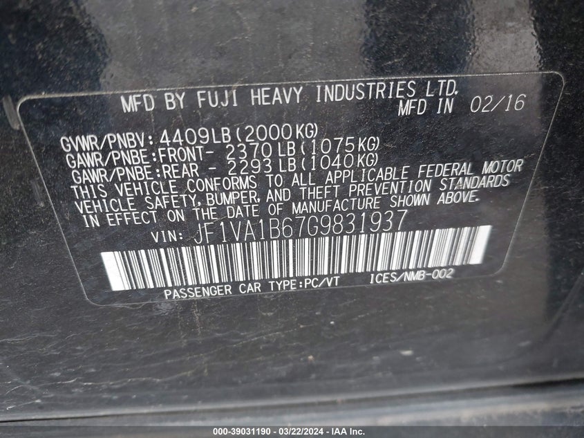 2016 SUBARU WRX - JF1VA1B67G9831937