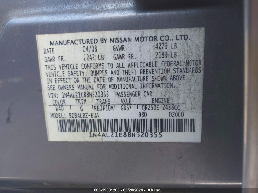 1N4AL21E88N520355 | 2008 NISSAN ALTIMA