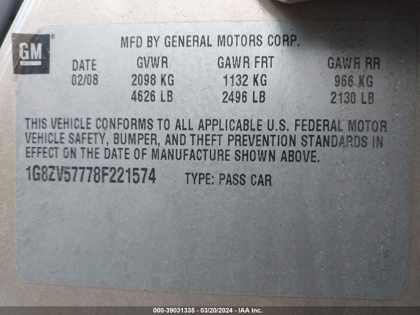 1G8ZV57778F221574 | 2008 SATURN AURA