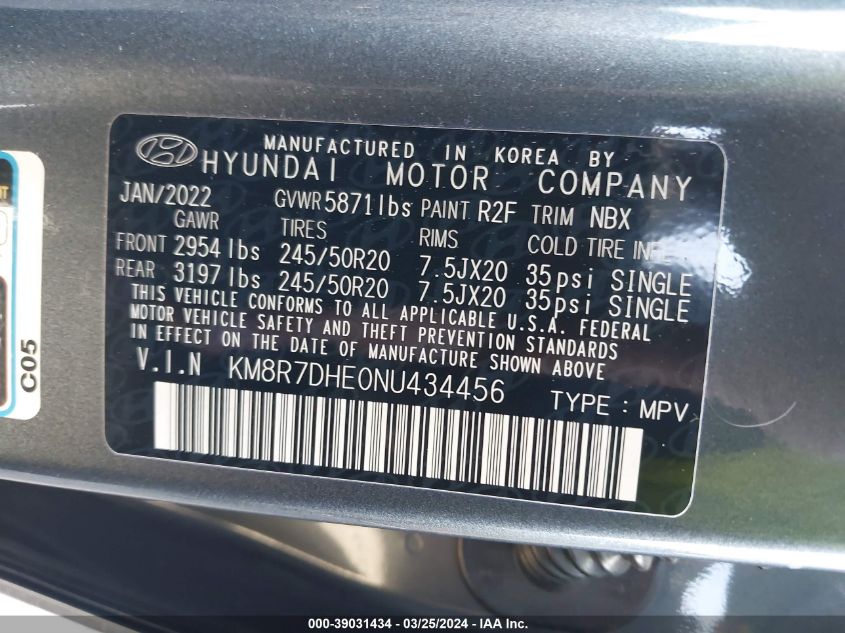 KM8R7DHE0NU434456 2022 Hyundai Palisade Calligraphy