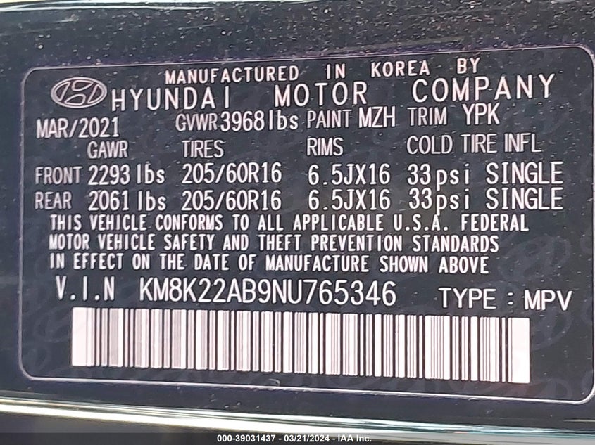 2022 HYUNDAI KONA SE - KM8K22AB9NU765346