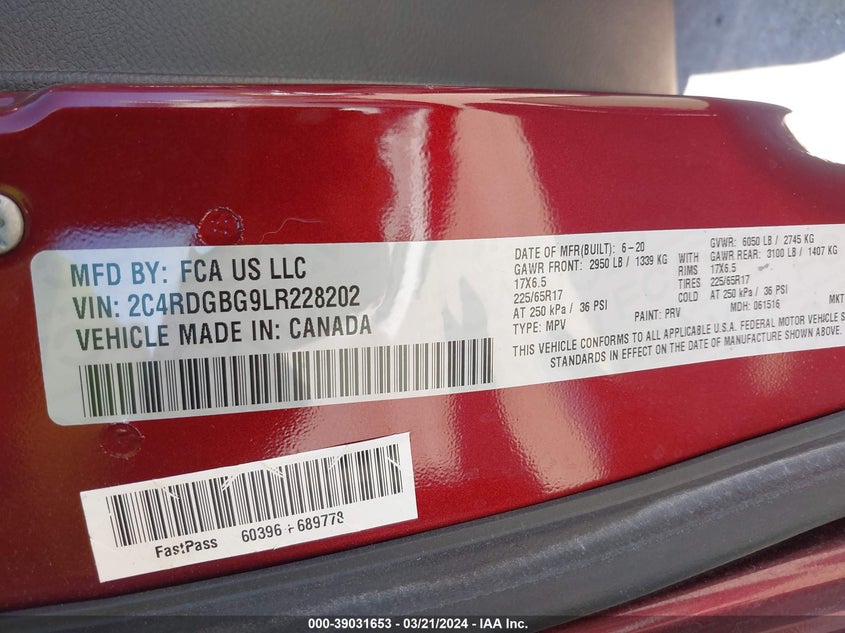 2020 DODGE GRAND CARAVAN SE - 2C4RDGBG9LR228202