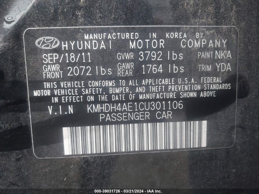 2012 Hyundai Elantra Gls (Ulsan Plant) VIN: KMHDH4AE1CU301106 Lot: 39031726