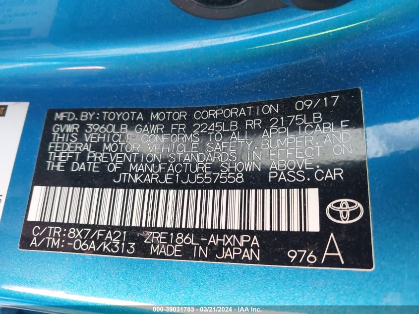 JTNKARJE1JJ557558 | 2018 TOYOTA COROLLA IM