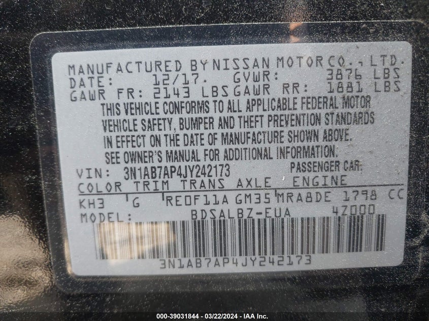 VIN 3N1AB7AP4JY242173 2018 NISSAN SENTRA S/SV/SR/SL