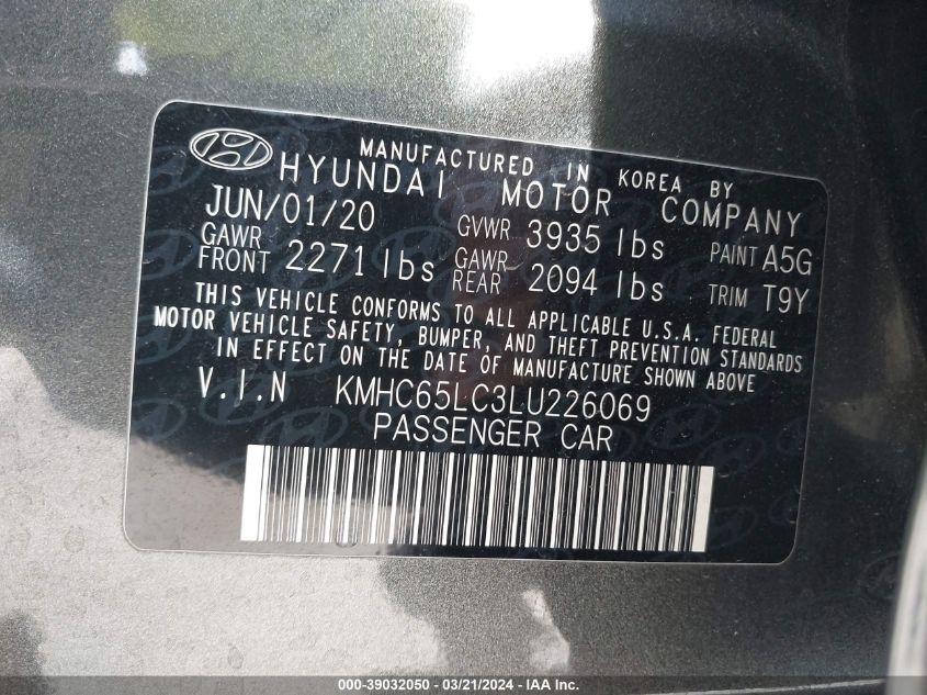 2020 Hyundai Ioniq Hybrid Blue VIN: KMHC65LC3LU226069 Lot: 39032050