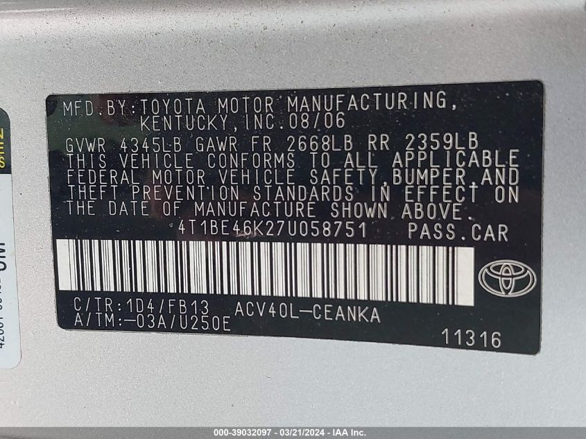 4T1BE46K27U058751 | 2007 TOYOTA CAMRY